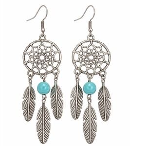 Bohemian Silver Dreamcatcher Feather Earrings Turquoise Color Bead Boho Dangle